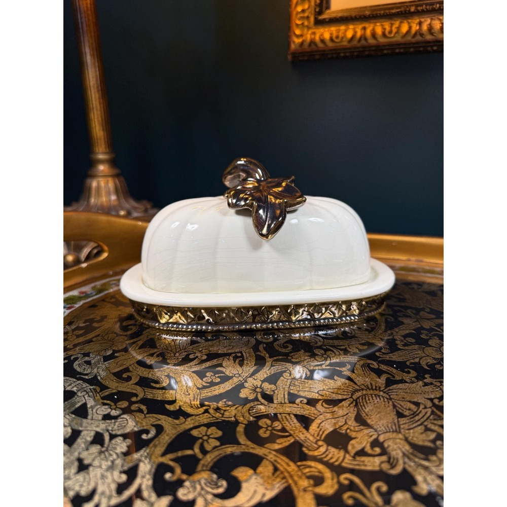 Vintage‎ Pumpkin Butter Dish - Covered Dish with Ivory & Metallic Glaze